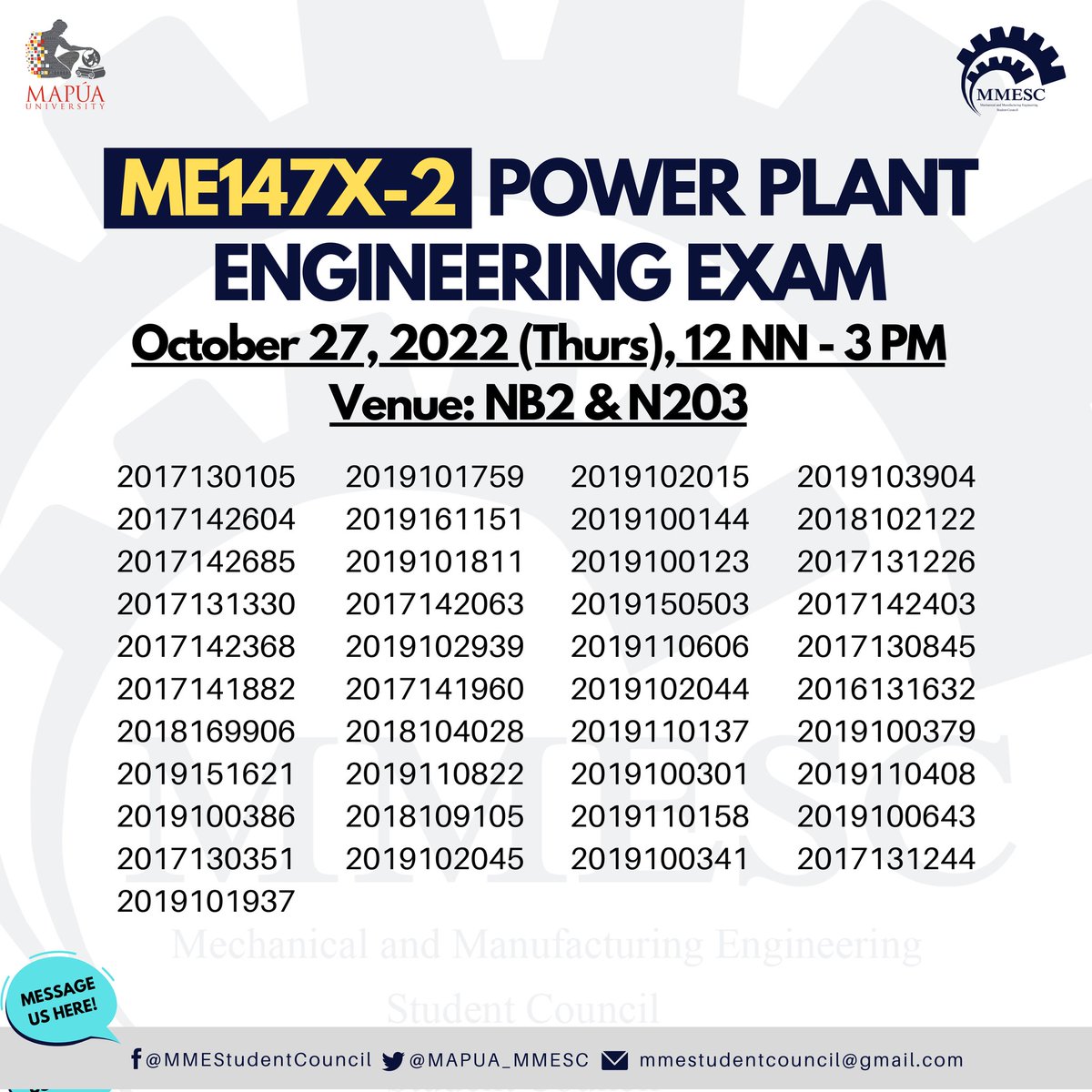 MAPUA_MMESC's tweet photo. π£ ππ‘π‘π’π¨π‘πππ ππ‘π§ π£
Here are the list of students who will be taking the final round of exit exams on OCTOBER 26 and 27.
Please be guided.
#OneMME
#WeTheNorth
#MapΓΊaMMESC https://t.co/LwINo3fSUE