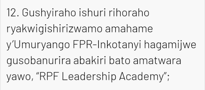 Gushyiraho ishuri rihoraho ryakwigishirizwamo amahame y'Umuryango FPR Inkotanyi-Umwe mu myanzuro y'Inama ya Biro Politiki y'Umuryango @rpfinkotanyi 'RPF LEADERSHIP ACADEMY' Tujye ku masomo @gumisirizajo @KamanziJoseph13 @rukundomike @Ndagije_Sam19 @MbarushimanaPio