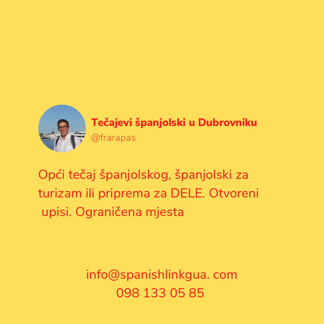 Profesor Francisco Ramos Pastor. Sve razine (A1-C2). 

Ukoliko trebate više informacija, posjetite sljedeću poveznicu: spanishlinkgua.com/hr/nastava-uzi…

Ukoliko ste zainteresirani, ispunite sljedeću registracijsku formu: forms.gle/P2HzdsDufDWQCz…