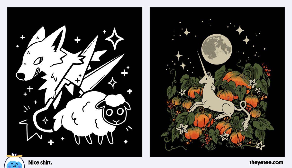 NEW! We've got Shear Bite designed by @crowlines and Unicorn in Pumpkin Patch designed by @susiedraws both available for 24 hours only at https://t.co/ZD8ueXz0ra