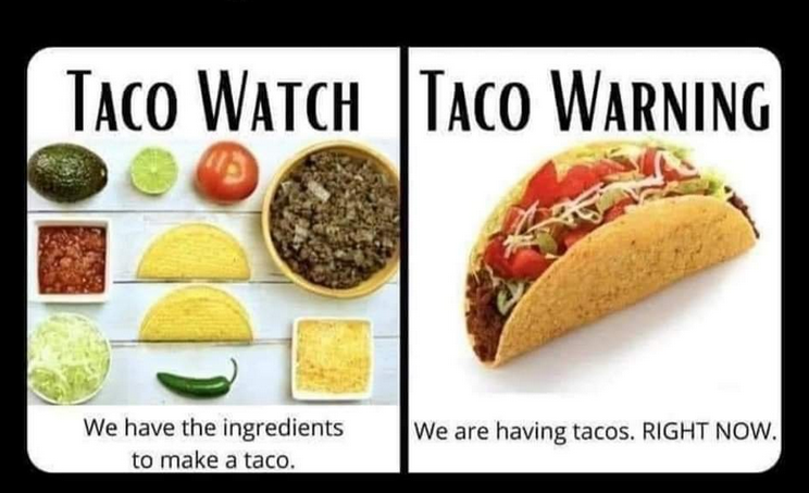 TravisCOSW's tweet photo. Not trying to make light of a potentially serious weather situation ... but here is the difference between a "watch" and a "warning." 

So right now the ingredients for a tornado are in place. #YouAskedForIt https://t.co/ddhugsUNJV