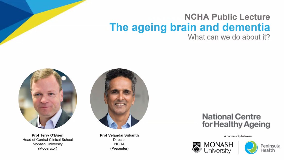 Our annual public lecture by Prof @Velandaisrikan1 @Monash_FMNHS @PeninsulaHealth MC'd by Prof @brien_terence on #ageing and #dementia will be kicking off at midday today. You can register here: eventbrite.com.au/e/public-lectu…