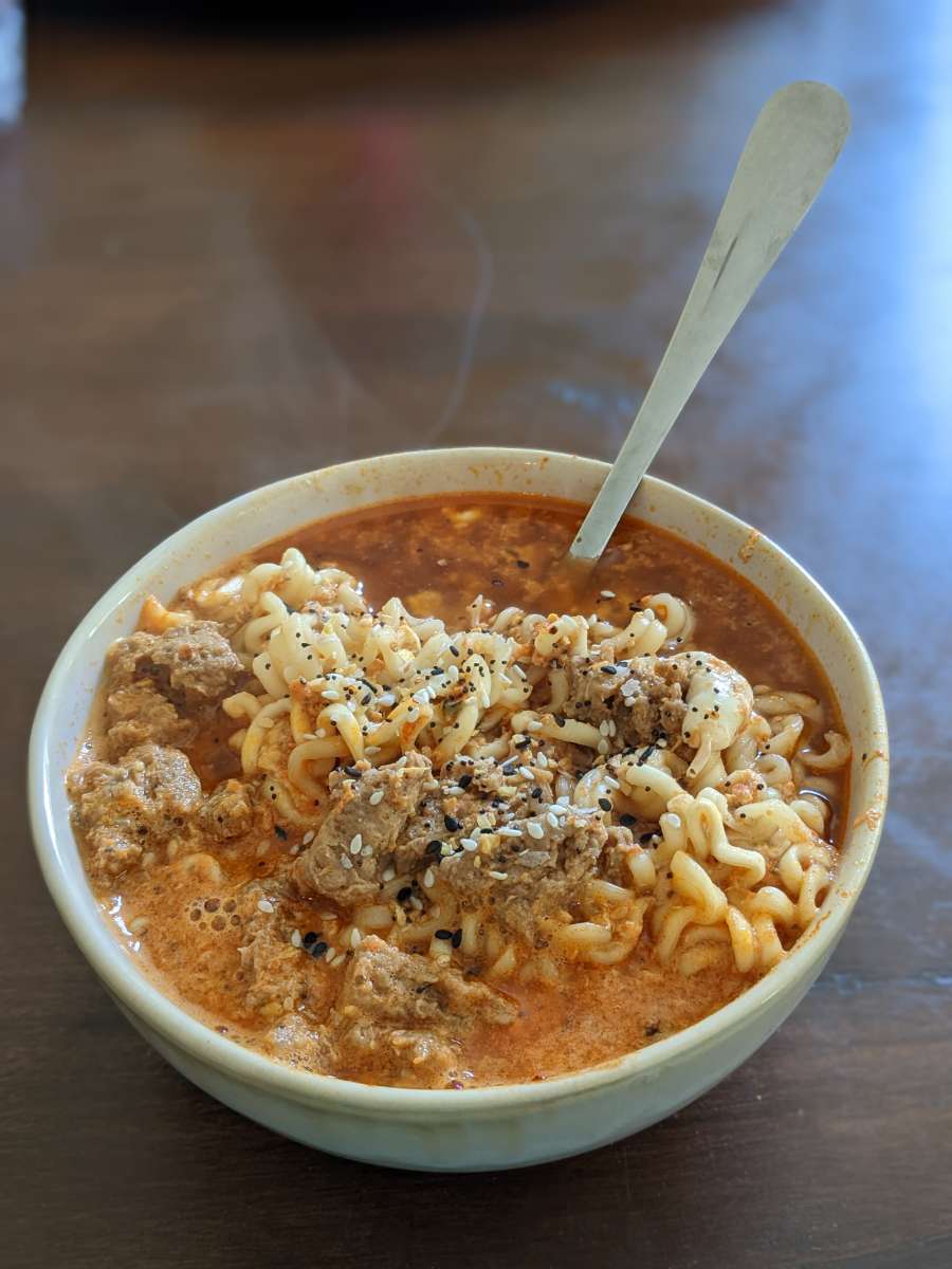 TomBaikAndSons's tweet photo. Soup 24: Beyond Sausage Ramen with an Egg Broth soup #31SoupsofHalloween https://t.co/mLrG0HvEM1
