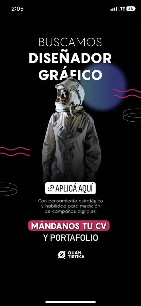 poliomen's tweet photo. Bichxs,

En @quantistika estamos buscando Diseñador Gráfico (pasante).

Agradecería que si conocen a alguien, puedan recomendármelo o bien, ayúdenme con un #RT para que le llegue a la persona indicada.

Pueden enviar su cv y portafolio a info@quantistika.com 🚀

¡Graciaaaas! https://t.co/8ov4MAqb6p