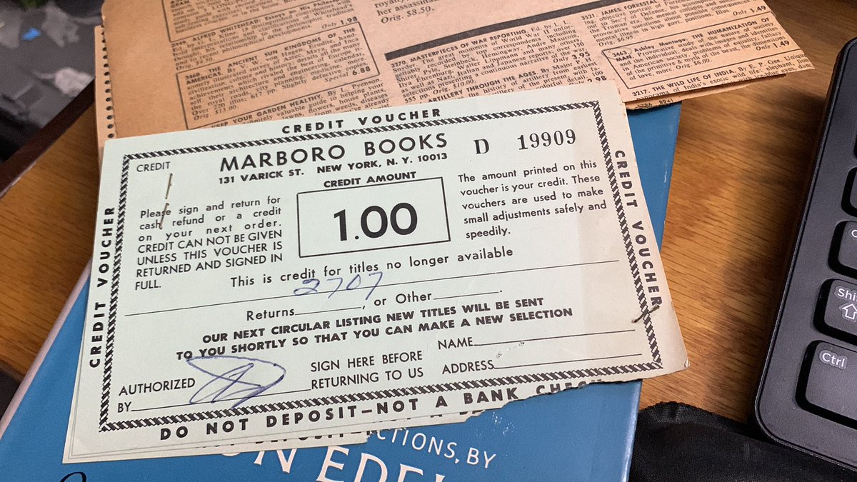 BSbargains's tweet photo. @TheUsedBookGuy Listed a book today… had some old press clippings, and $3 in store credit for Marlboro Book store in New York, NY. Not sure what year it’s from,  but definitely more than a couple decades. 

Book was from 1960 https://t.co/yGoJaqSqWN