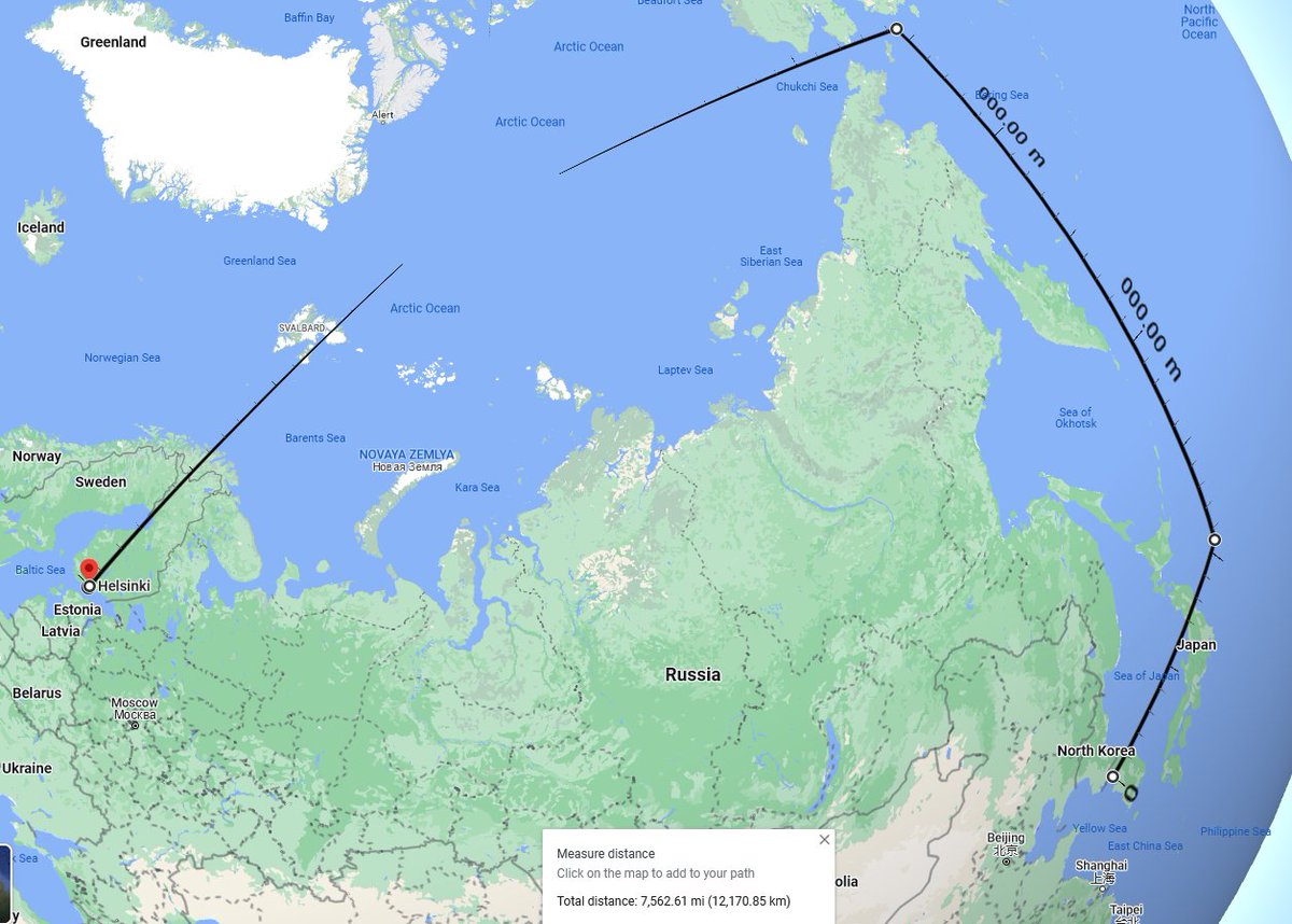 Nathan_Camp's tweet photo. Another way to visualize; approximately 7,500 miles, by my calculation. Would be ~4,375 if direct over Russia. 

Via Google Maps. (Flight path approximate.) https://t.co/ulAACd0KGy