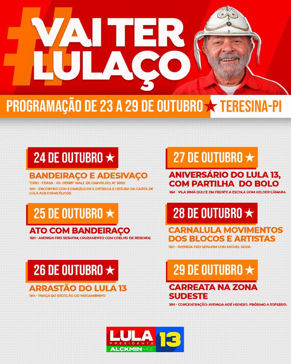 ptpi13's tweet photo. Se liga na agenda da última semana e vamos Lular pelo Piauí! É 13! https://t.co/BydgcsabyN