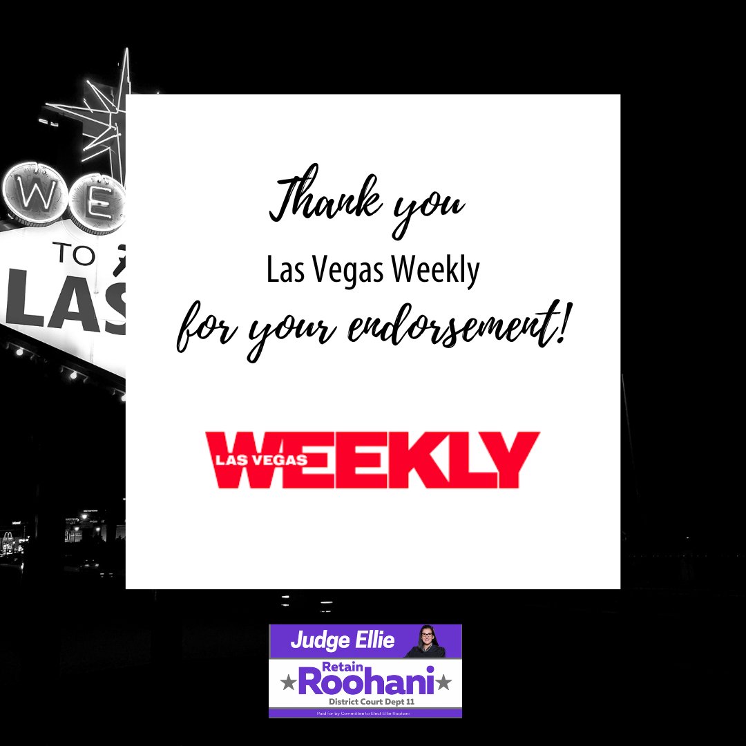 EllieRoohani's tweet photo. Thank you Las Vegas Weekly for your endorsement! 

#JudgeEllieRoohani #JudgeRoohani #Ellie4Judge #YOURJudge #Endorsement #LasVegasWeekly #CommunityFirst #RepresentationMatters #ProvenExperience #LasVegas #Henderson #NorthLasVegas #Mesquite #Laughlin #BoulderCity #Nevada https://t.co/5ujBwNh5X7