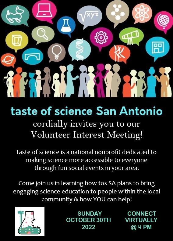 tasteofsciSA's tweet photo. taste of science SA is hosting a virtual meet & greet and you're invited! Oct30 @ 4pm CDT
Join: https://t.co/H1QsZZaEGV
#tasteofsci #nonprofit #volunteer #scienceliteracy #adultscience #familyscience #STEM #SanAntonio #UTSA #UTHealthSA #UTSAsciences #UTSAresearch #UTSAgradschool https://t.co/rW4n77XgyO
