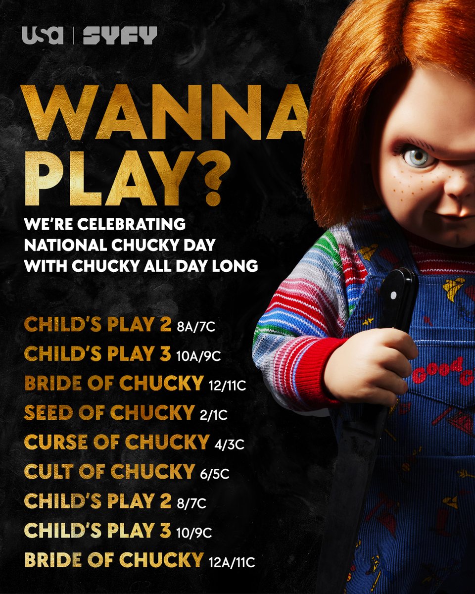 Can’t celebrate National Chucky Day without a movie marathon.😈 Tune into @SYFY all day and watch your favorite #Chucky movies!