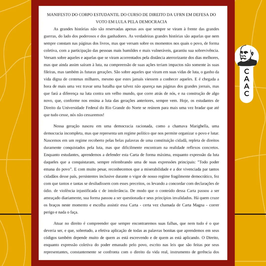 caac_ufrn's tweet photo. a posição política do corpo estudantil em relação às eleições de 2022.

Convidamos todos os estudantes de graduação e pós, docentes, egressos do curso de Direito da UFRN, juristas, advogados, assim como demais interessades a assinar nossa carta manifesto em defesa da democracia! https://t.co/GaiTIoSf4Z