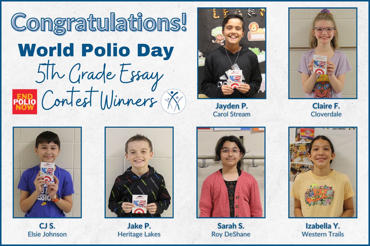 Today is World Polio Day. The Rotary Club of Carol Stream recently invited <a href="/CCSD93/">CCSD93</a> 5th graders to enter an essay contest about polio and the efforts toward its eradication. Today members of the Rotary surprised a winner from each elementary school with a gift card!