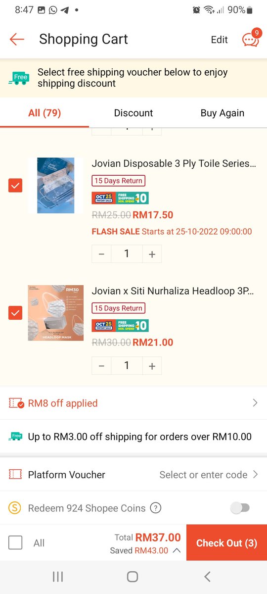 FaraDiebah's tweet photo. Korang mask Jovian ada sales kaw kaw. Beli 3 mask dapat harga bundle only RM45. Tolak voucher RM8, coins, discount shipping and perlu bayar RM29.66 sahaja

https://t.co/N2ipJ7iGG9 https://t.co/outLyX3l5e