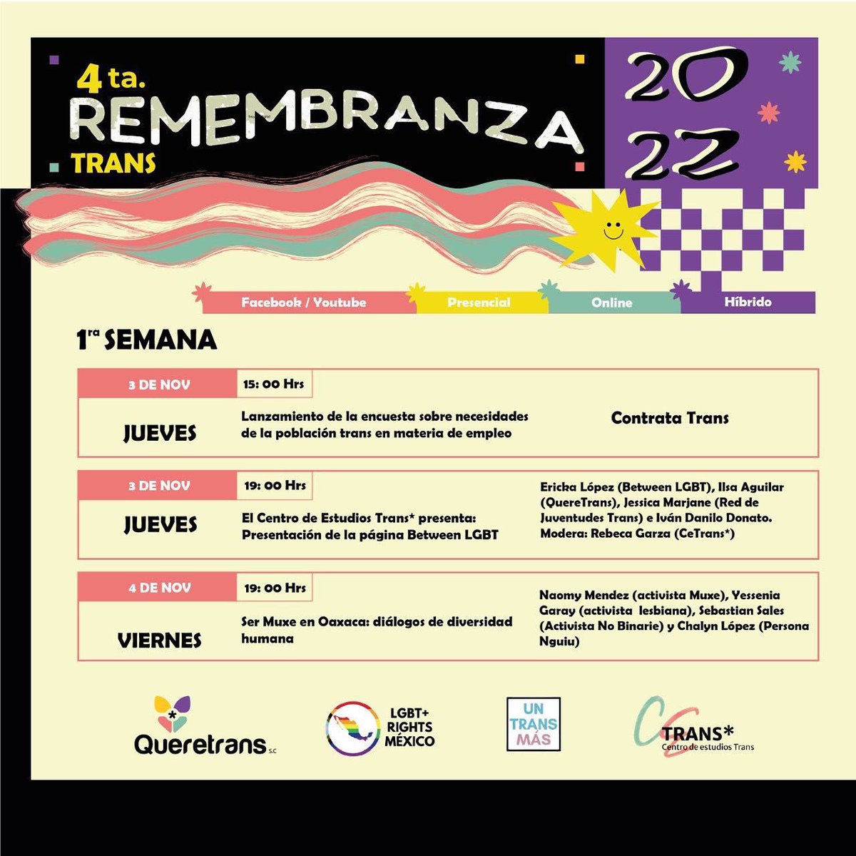 ⏰¡ESTAMOS A DOS SEMANAS!⏰

Conoce los eventos de la primera semana de la Jornada de Remembranza Trans* 2022 y cuéntanos ¿cuáles son los eventos que más te interesan? 

#JRT2022 #juventudesdiversas

* Diseño de Killian Morales y Connor Nicolás