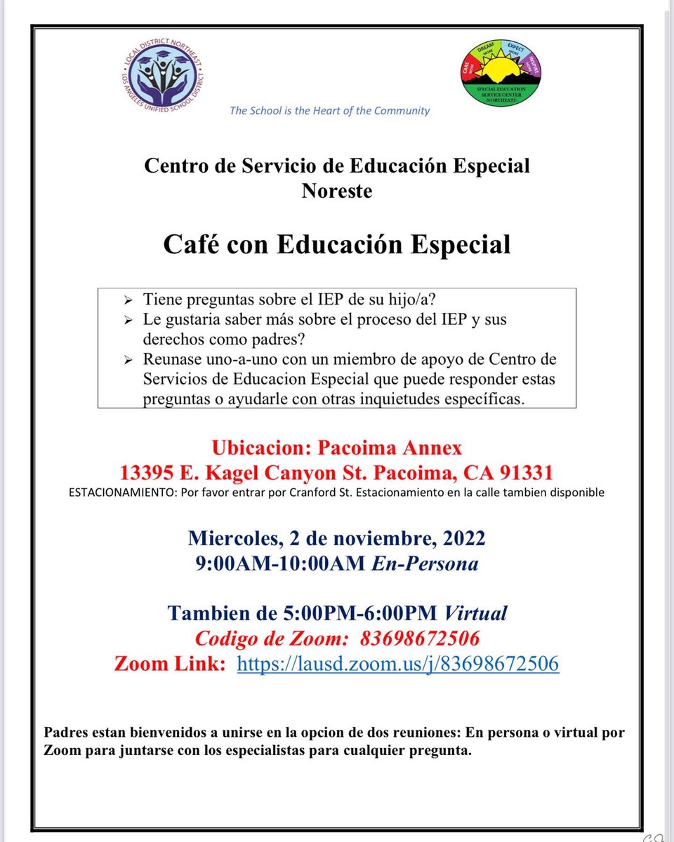 Join our Special Education Team for Coffee!   ¡Únase a nuestro Equipo de Educación Especial para el Café!