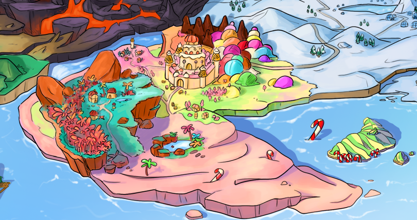 The most joyful region is Candyland, inhabited by the Candymen.

This candy empire - located in the southern portion of the Lucid Realm - is a magical place full of sweets and candies growing all over, used not only for food, but also as weapons and armor..

Find more in #lore 👾
