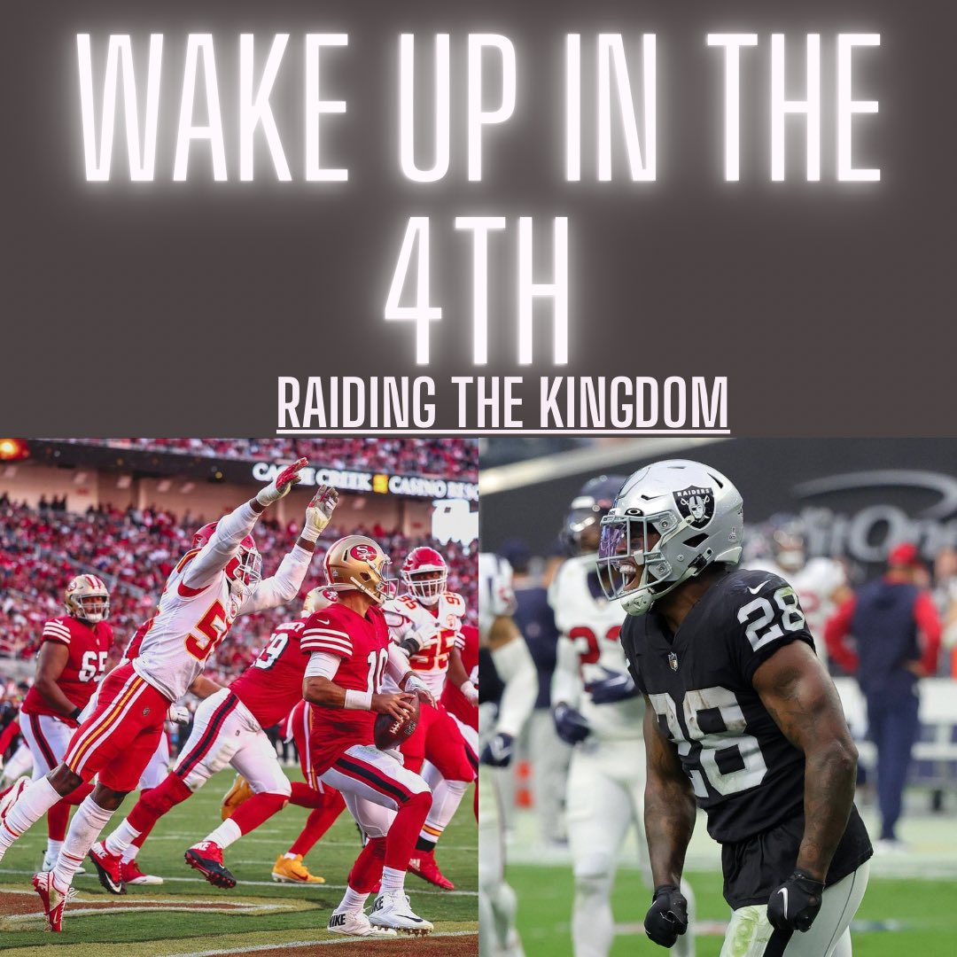 RaidTheKingdom's tweet photo. 🚨Ep. 96 Wake Up In The 4️⃣th! 🏈
• #Raiders come out of the bye with a win
• #Chiefs drop 44 points on the best defense in the league 
• Mailbag &amp; Week 8 Predictions! 
• Seatgeek promo code RTK #NFL #RTK #Raiders #Chiefs 
LISTEN TO THE EPISODE: https://t.co/vqLf4zl4uQ https://t.co/YeRJQODm03