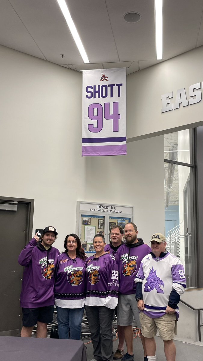ArizonaCoyotes's tweet photo. This evening, we honored Matt Shott by hanging his jersey number at Ice Den Chandler. 

This Shott 94 banner will hang in each rink around Arizona as a tribute to Matt’s dedication to growing the game in the state. 💜 

#HockeyFightsCancer | #Yotes https://t.co/oixVPIsa9Z