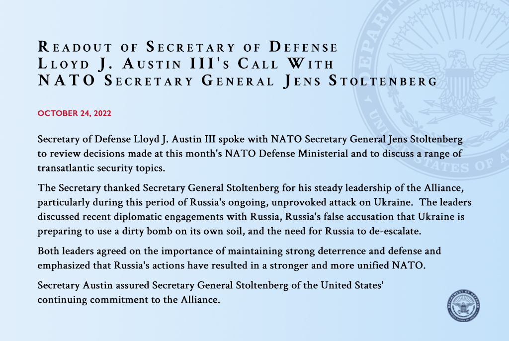 Today I spoke with 🇺🇳 @jensstoltenberg about #Russia's false claim that #Ukraine is preparing to use a dirty bomb on its own soil. The U.S. rejects any attempt to create pretexts for Russian escalation. We stand with NATO Allies in support for Ukraine.