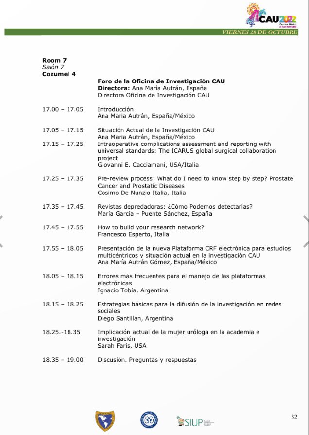 Foro Oficina 🔬 @CAU_URO Viernes 28 Octubre. Salón 7 Cozumel 4🔥🔥 @Cacciamani_MD 🇮🇹🇺🇸 @bibliovirtual🇪🇸 @fraesperto 🇮🇹 @cosimodenunzio 🇮🇹@TobiaIgnacio 🇦🇷 @diesantillan 🇦🇷 @jorgemorenomd 🇲🇽