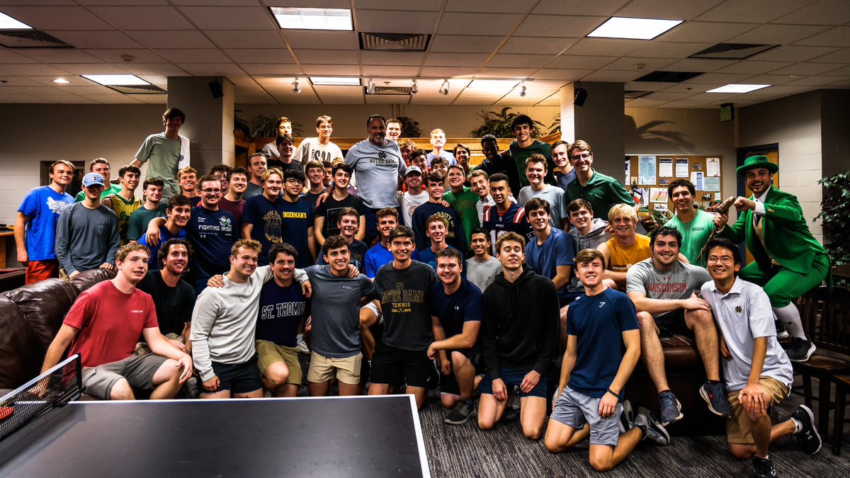 NDmbb's tweet photo. Back to standing on tables in true  @NDMikeBrey fashion.

Coach is crashing the dorms to spend time with the students that make up the 𝗯𝗲𝘀𝘁 student section! https://t.co/VfQhynhhhB