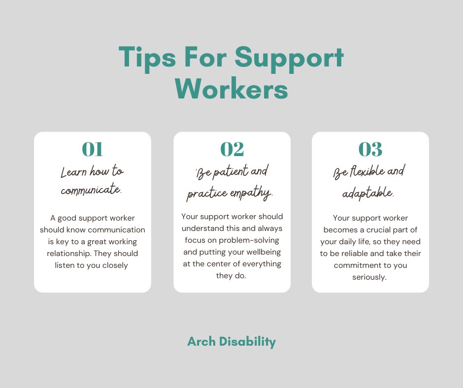 Here are some tips for caregivers and support workers. 
Among them are learning how to communicate well, practicing empathy and patience, and being flexible and adaptable✨

#ArchDisability #NDIS #NDISProvider #SupportWorkers
