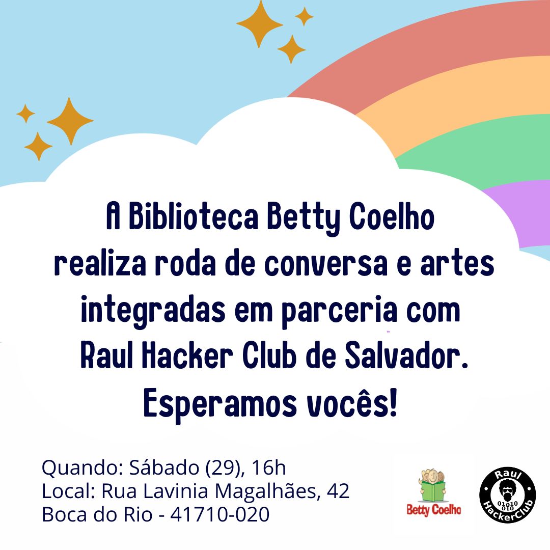 RaulHackerClub's tweet photo. A Biblioteca Betty Coelho e nós iremos comemorar o dia Nacional do Livro com roda de conversa, poesia, contação de histórias e exibições do CineHacker. Vamo?

Sábado (29), 16h
Rua Lavinia Magalhães, 42, Boca do Rio - 41710-020
GRÁTIS! <3

#tocaraul #raulhackerclub #cinehacker https://t.co/YEO9X7RvCN