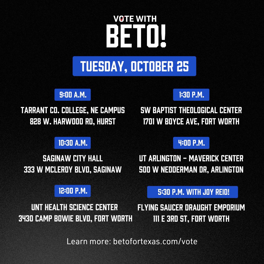 BetoORourke's tweet photo. Great to see so many of you voting early today!

Tarrant County, join me at a polling place near you tomorrow (Tuesday). For a full list of stops, go to https://t.co/uyIPdxDxj9 https://t.co/y6bUkMFbqt