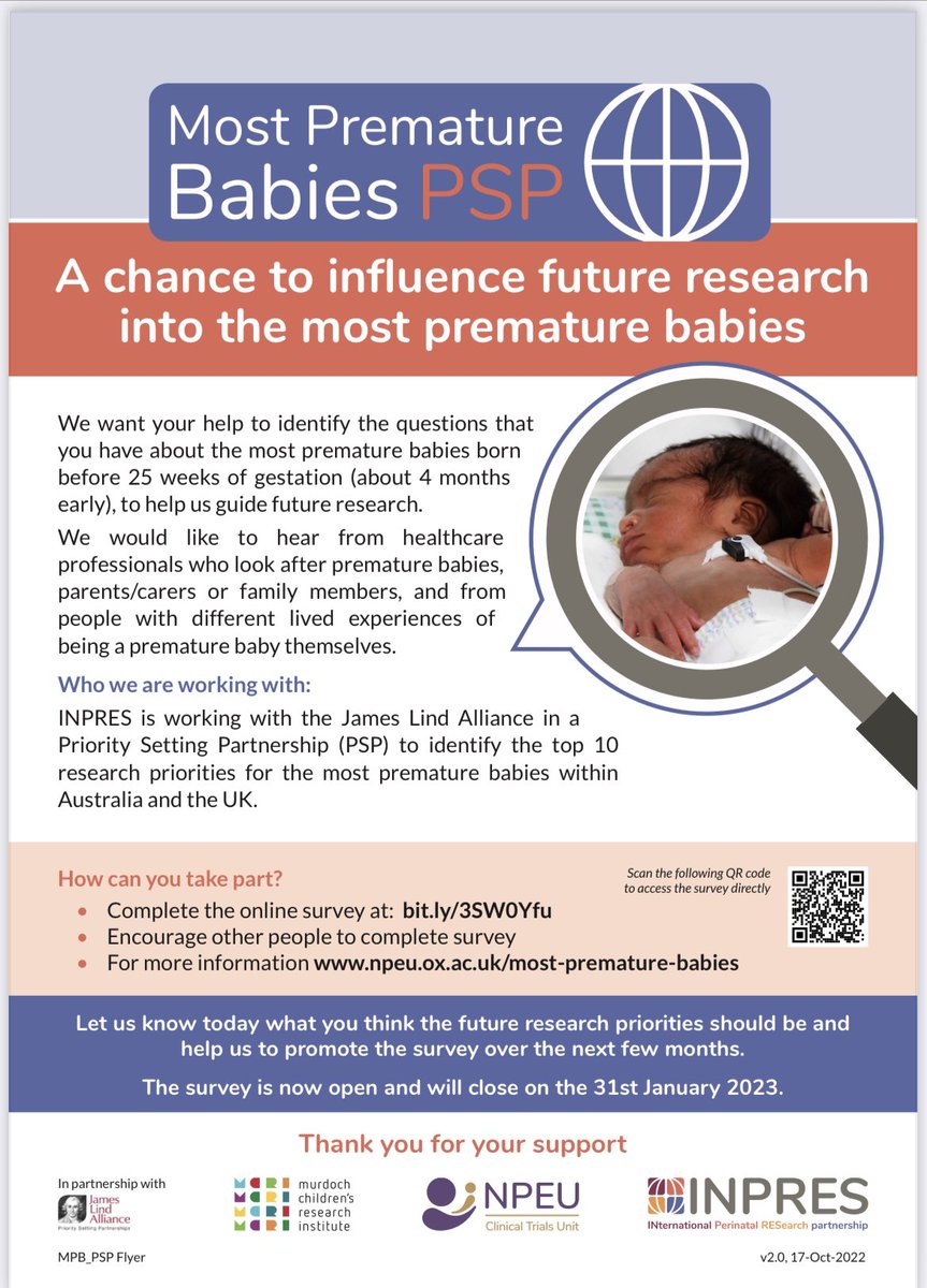 🚨 This is important 🚨 #Neonatal clinicians, parents, family, adults born preterm: Help us determine research priorities for the most premature babies 👶 born before 2️⃣5️⃣ weeks’ gestation. @MostPremBabies Link to survey: bit.ly/3SW0Yfu #neotwitter #neoEBM