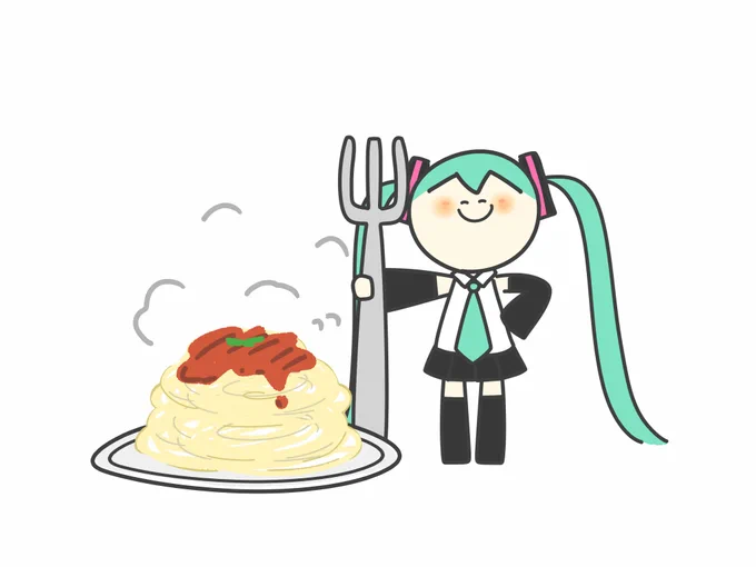 今日は #世界パスタデー !という事でほのまんぼさんのミクさんをご紹介!大盛のパスタの横でフォークをもって嬉しそうなミニミクさんがカワ(・∀・)イイ!!【】 #piapro #初音ミク 