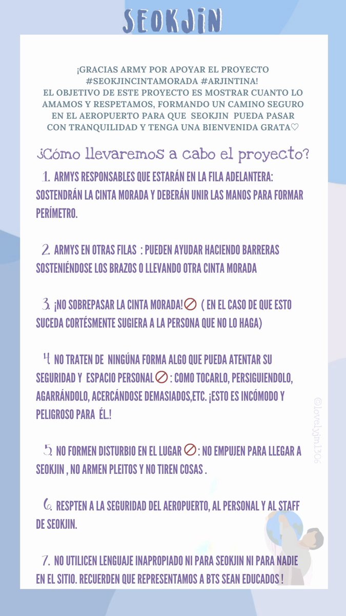 Ktaeh_bts's tweet photo. 🇦🇷𝘈𝘳𝘑𝘐𝘕𝘵𝘪𝘯𝘢 𝑌 𝑇𝑂𝐷𝐴 𝐿𝐴 𝐼𝑁𝐹𝑂 𝐷𝐸 𝑈𝑁𝐴 𝐴𝑅𝐺-𝐴𝑅𝑀𝑌🇦🇷
💜 PROYECTO 4: @lovelyjm1306 

ARMYs que irán al aeropuerto para recibir a Seokjin por favor ayuden a difundir el proyecto con el hashtag #SeokjinCintaMorada💜 https://t.co/dsMtWpkRUs