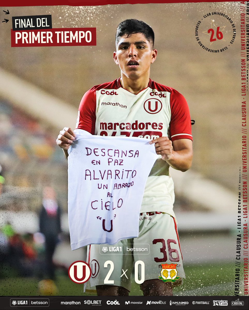 Universitario's tweet photo. 🏁 ¡Final del primer tiempo en el Estadio Monumental!

⚽ Universitario 2-0 @clubshuancayo 
 
#UxSHU ⚽️
#YDaleU https://t.co/d4h6qWMfA0