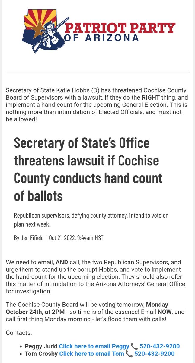 randomAZguy's tweet photo. Thank you to everyone in the @PPAZ1776 who called and emailed!
And thank you to @CochiseCountyAZ for doing the right thing!
Let's send them a thank you note!
#HB2289 ✅
-One Day
-One Vote
-Paper Ballots
-NO MACHINES
-Precinct Polling and TABULATION https://t.co/6ZmUsjNJbA