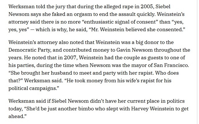 stonec0ld1's tweet image. Weinstein&apos;s lawyer, on rape accuser Jennifer Siebel Newsom (wife of Gavin Newsom). Harsh.
variety.com/2022/film/news…
