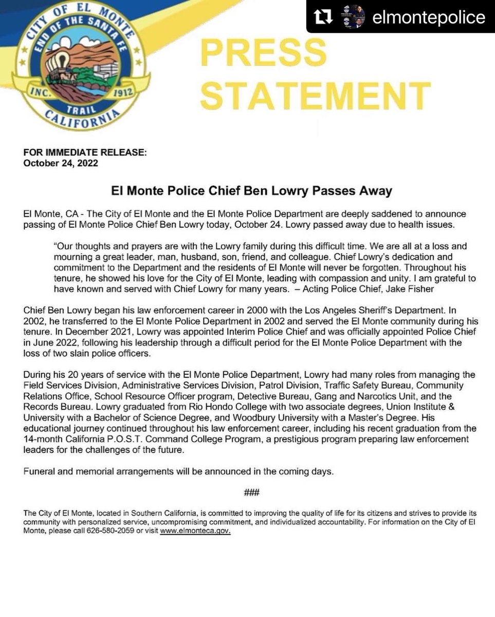 LASchoolPolice's tweet photo. The Los Angeles School Police Department extends our condolences to the family of Chief Lowry and @elmontepolice. Rest In Peace Sir.

#ElMonte #ElMontePD #EMPD #ThinBlueLine #EndOfWatch https://t.co/4p5jwPcwhG