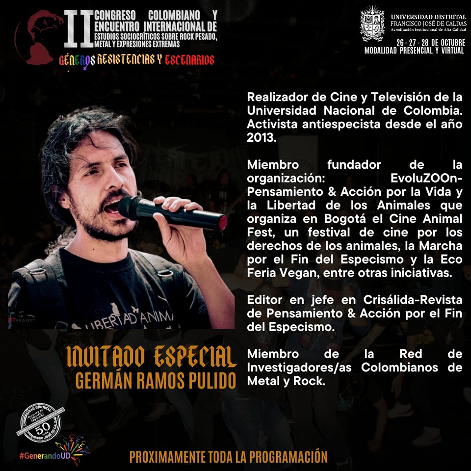 #SemanaDeAcciónAntiespecista "Antiespecismo en el Rock y el Metal" Este jueves 5 pm en la UN. Entrada Libre hasta completar aforo.

#EvoluZOOn  #RevistaCrisálida #RevistaAntiespecista #AcciónAntiespecista #FinDelEspecismo #ActivismoCultural #LibertadAnimal