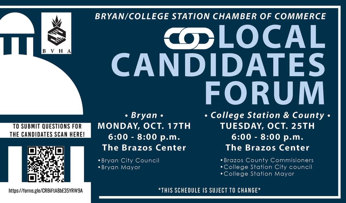 With just 15 days until the #election - join us or tune in live @KBTXNews tomorrow at 6pm for the @BCSChamber Local Candidates Forum at the Brazos Center. #EarlyVoting has started. #ElectionDay is on November 8 #votewanda #texademocrats #ihumblyaskforyourvote #November8th