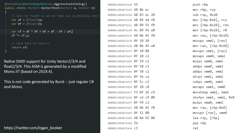 logan_booker's tweet photo. My current side project -- a modified Mono JIT (2019.4) with native, optimised SIMD support for @unitygames Vector and float types. Not Burst, just regular C#. https://t.co/ERbkh5yQGh