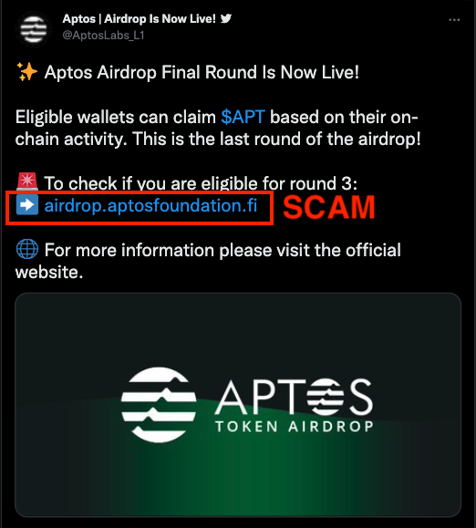 PeckShieldAlert's tweet photo. #PeckShieldAlert Aptos impersonators ramp up fake $APT Airdrop. 
Both @Aptos_Iab and @AptosLabs_L1 are forged Twitter accounts.
claimaptos[.]com and airdrop[.]aptosfoundation[.]fi are phishing sites. 
Do *NOT* give permission for 0x9...d106 to access your crypto assets https://t.co/wZd4ACDvt1