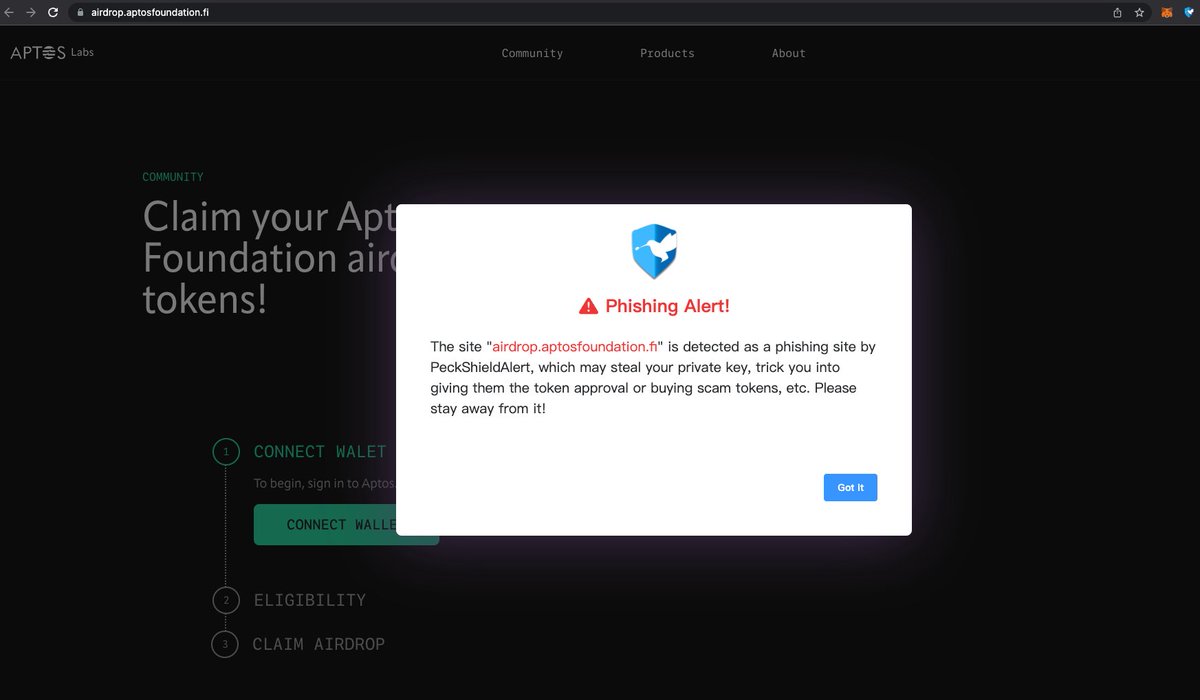 PeckShieldAlert's tweet photo. #PeckShieldAlert Aptos impersonators ramp up fake $APT Airdrop. 
Both @Aptos_Iab and @AptosLabs_L1 are forged Twitter accounts.
claimaptos[.]com and airdrop[.]aptosfoundation[.]fi are phishing sites. 
Do *NOT* give permission for 0x9...d106 to access your crypto assets https://t.co/wZd4ACDvt1