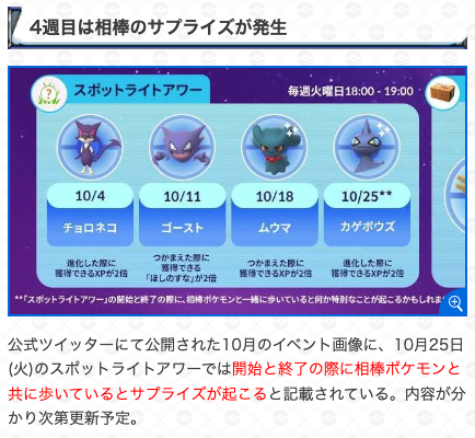 ポケモンgo攻略 Gamewith 本日はスポットライトアワー開催日 開催時間 18時 19時 出現ポケモン カゲボウズ ボーナス 進化時のxp2倍 また 開始と終了の際に相棒ポケモンと共に歩いているとサプライズが起こると公式から事前告知されています ポケモンgo攻略 Gamewith 本日はスポットライトアワー開催日 開催時間 18時 19時 出現ポケモン カゲボウズ ボーナス 進化時のxp2倍 また 開始と終了の際に相棒ポケモンと共に歩いているとサプライズが起こると公式から事前告知されています