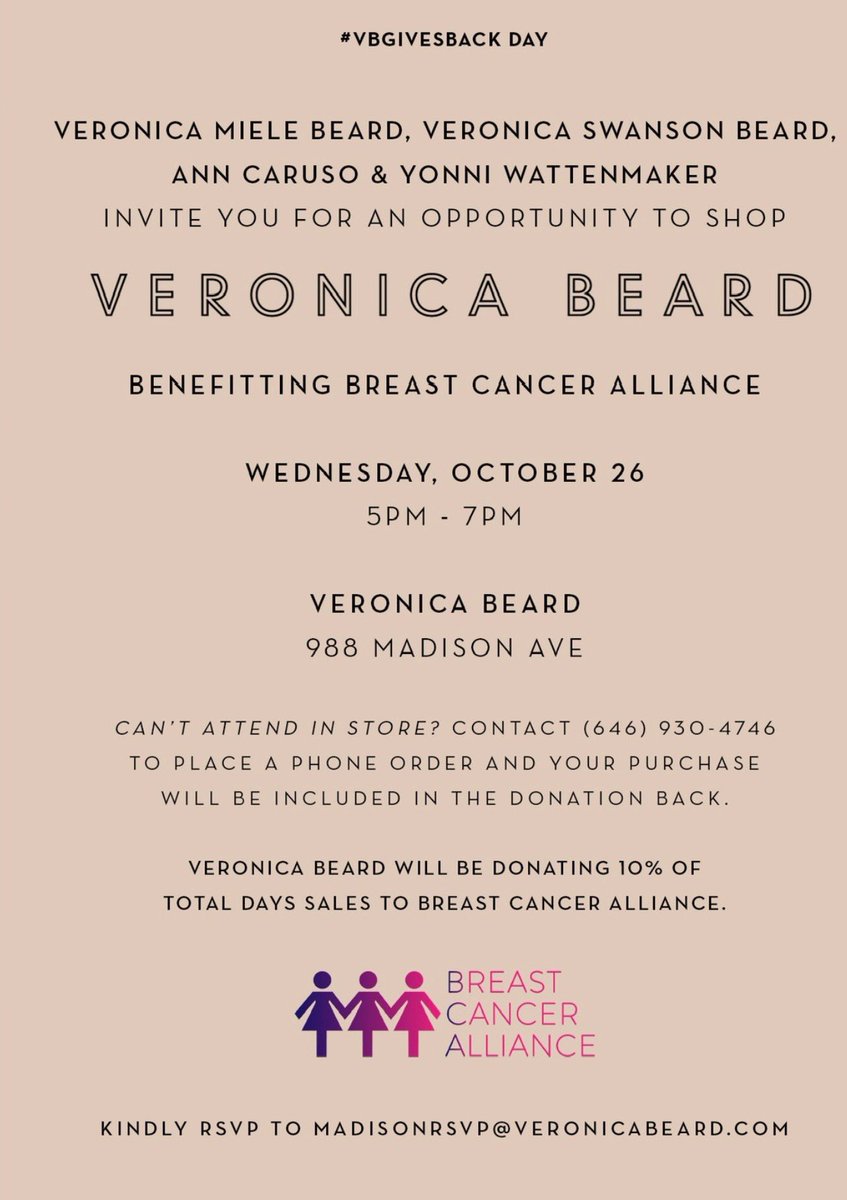 Join us Wednesday at <a href="/VeronicaBeard/">veronicabeard</a> on #MadisonAve to benefit <a href="/BCAllianceCT/">Breast Cancer Alliance</a> #BreastCancerAlliance 💗 10% of sales that day will support this important cause.