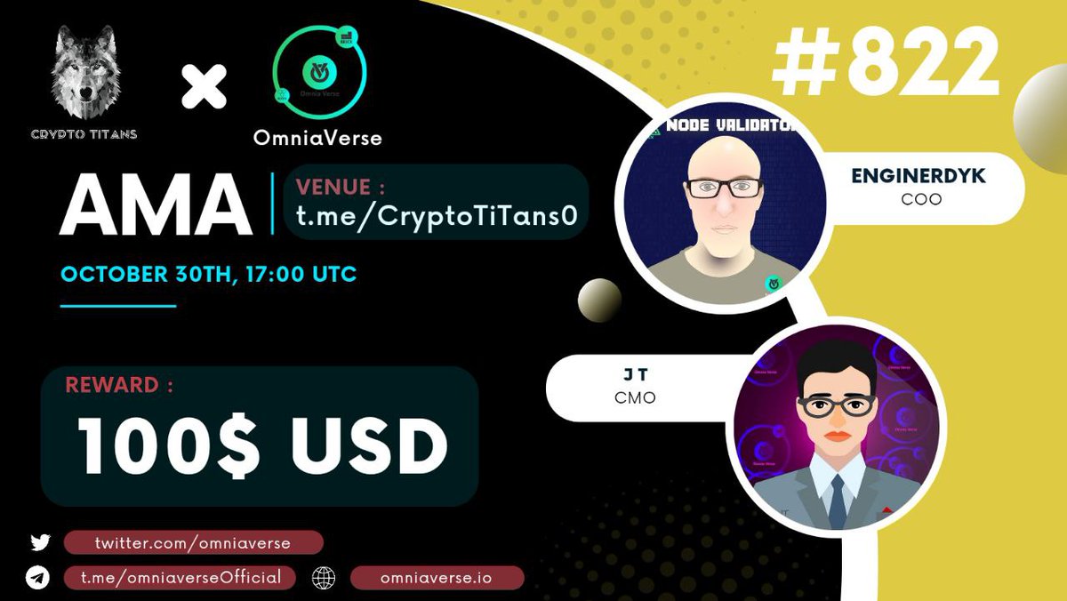 🤍AMA Series With Omnia Verse

🎁Prize: $100 USDT
📆Date: October 30th 17:00 UTC
🏨 Venue: t.me/CryptoTiTans0

Rules : t.me/CryptoTitansCH…

🖤 Follow

<a href="/omniaverse/">OmniaVerse - $OMNIA</a>

@TheApexChain

&amp;

<a href="/CryptoTitans1/">CryptoTiTans (⚫,⚪)</a>

2. Like Retweet &amp; Comment Your Questions (3 Q Max) Tag 3 friends.