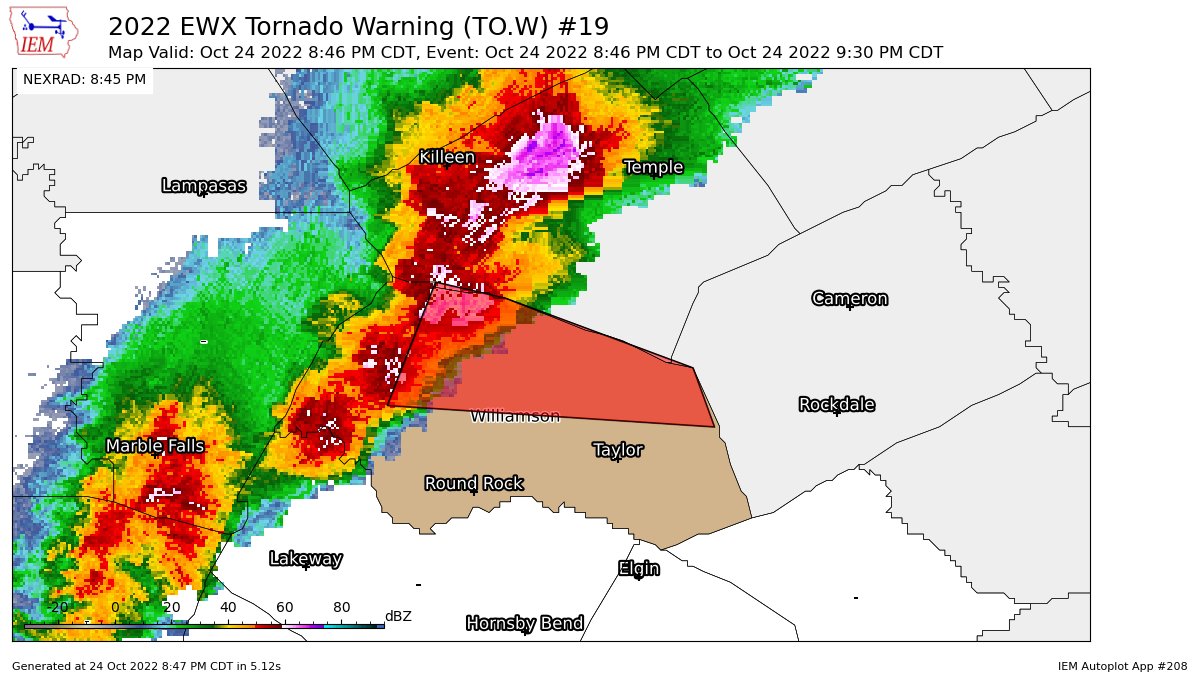 Chikage Windler WX on Twitter "EWX issues Tornado Warning [tornado RADAR INDICATED, hail