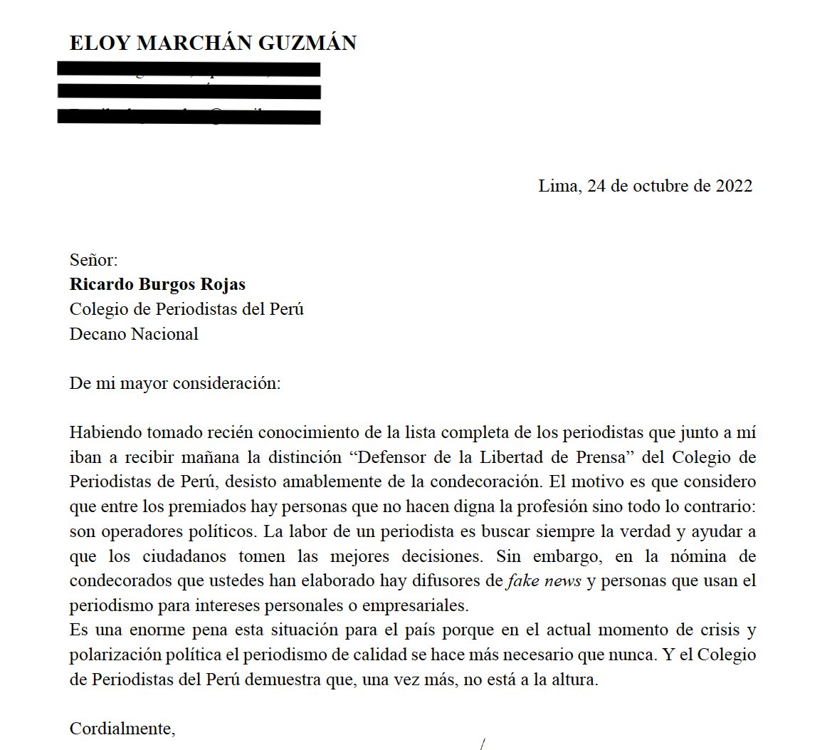 eloymarchan's tweet photo. Para mañana el Colegio de Periodistas (@cpperuoficial) tiene programado condecorar a un grupo de hombres y mujeres de prensa que supuestamente dignifican la profesión. He decidido rechazar el premio luego de ver que en la lista han considerado a Claudia Toro y Miguel Ramírez. https://t.co/PSAftdgQBF