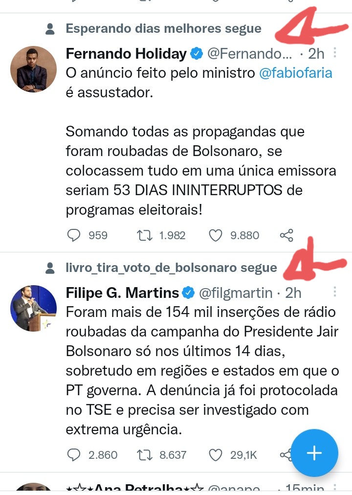 Galera deixem de seguir perfis de apoiadores do Bozo, o Twitter está colocando na trendline os posts deles só pelo fato de vcs seguirem os imbecis. Estão impulsionando.
Olha o esgoto que aparece pra mim.