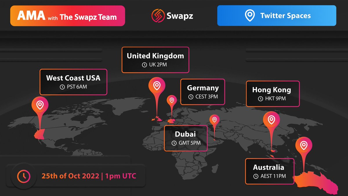 Swapz_app's tweet photo. π₯Just under 12 hours to go to the @SwapzDAO AMA #4!
Looking forward to seeing you guys!β¨οΈ
π#SwapzDAO Twitter Spaces
π1pm UTC, 25 Oct 2022
Here's the link! ππ»https://t.co/JovIPzHhGz ππ»ππ»
#SWAPZ #SWAPZaroundtheworld $SWAPZ #crypto #cryptocurrency #crosschain #bridge #AMA https://t.co/xt5oofvll4