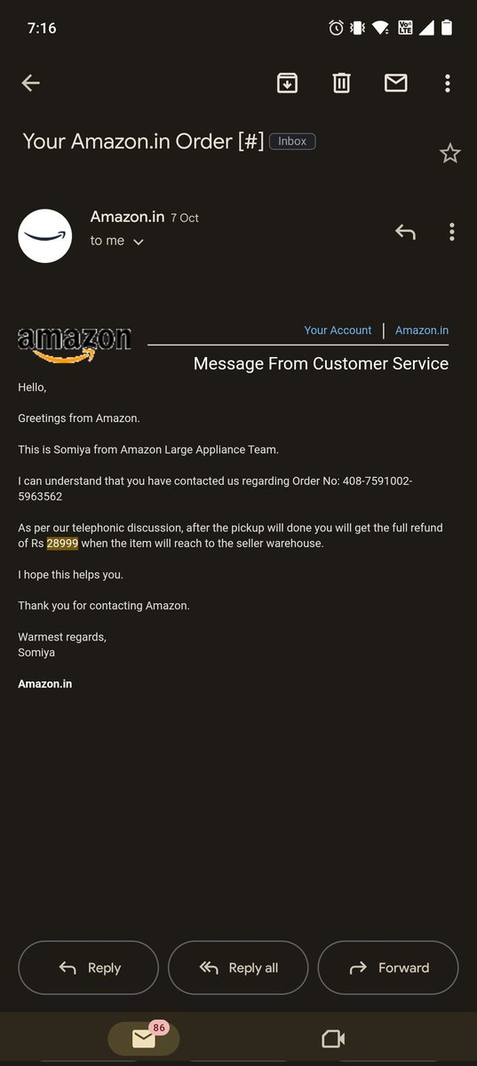 arvi2030's tweet photo. @AmazonHelp @amazonIN 
I have ordered and returned a product through Amazon and I haven't received my refund yet. The product was picked up by Amazon on 8th October and reached Amazon warehouse on 12th October. I haven't got any resolution from customer support. https://t.co/BzjIUA45U7