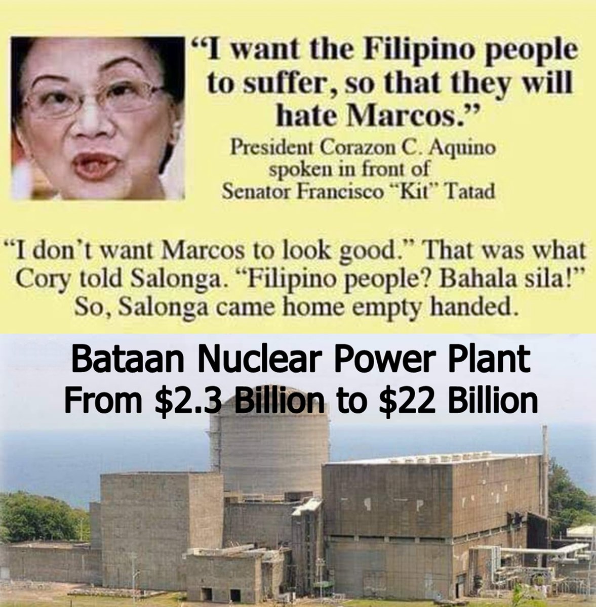 MrWinwineklabu's tweet photo. FERDINAND E. MARCOS $26 BILLION DEBT, WHY?

When Cory Aquino took office in 1986, She did not allow the use of BATAAN NUCLEAR POWER PLANT, which is why the Philippines' debt balloned and it took PH 33 years to pay off the debt. 

So who should we blame, Cory or Marcos? https://t.co/s8BwmnGTyp