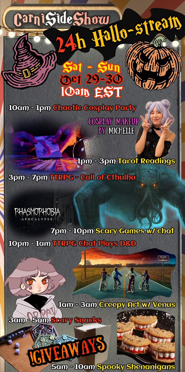<a href="/carnisideshow/">Chris - CarniSideShow</a> will be hosting a spectacular stream this hallows-eve-eve, and I'll be on myself 1am-3am est! Pls hop on in if you love creative and talented #ttrpg/#art folks♥️make sure to give them some love! (Poster made by the amazing person himself, Chris!) So hyped!✨#spoopy